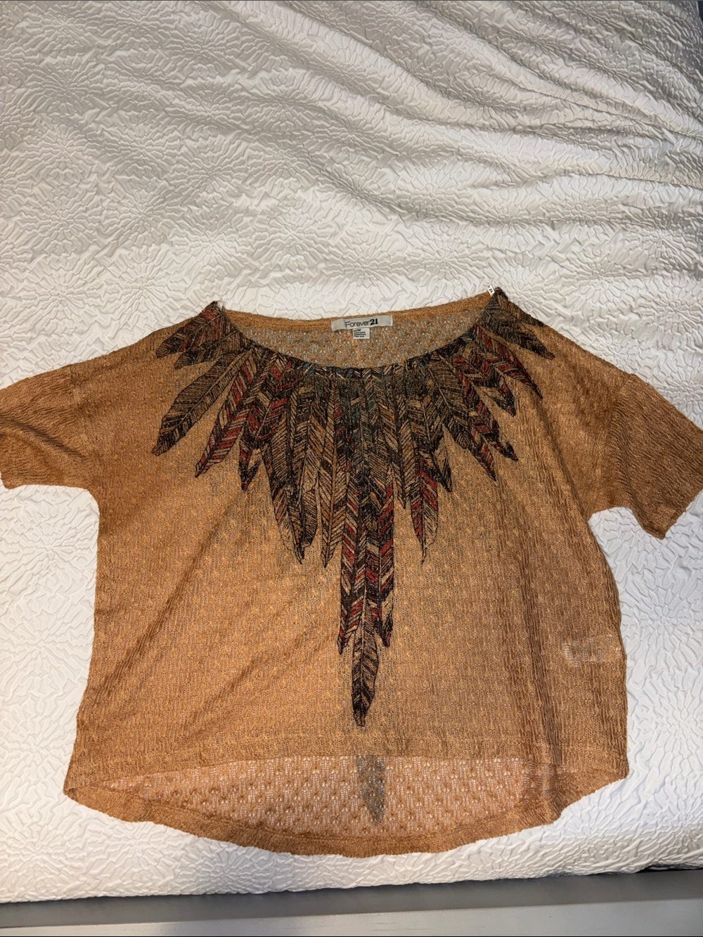 Forever 21 Rust Short Sleeve Top with Feather Necklace Print